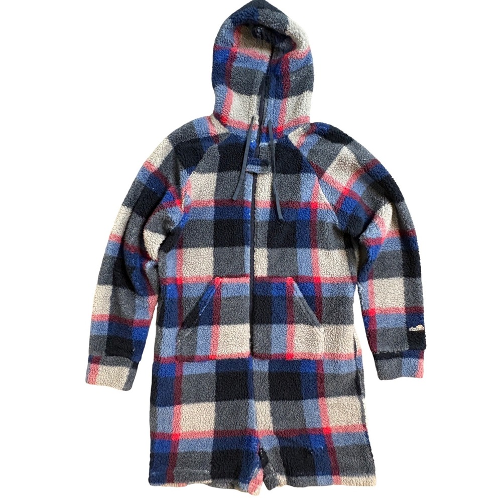 Chubbies Unisex Sherpa Fleece Hooded Romper Plaid Blue Red Medium Lounge Wear
